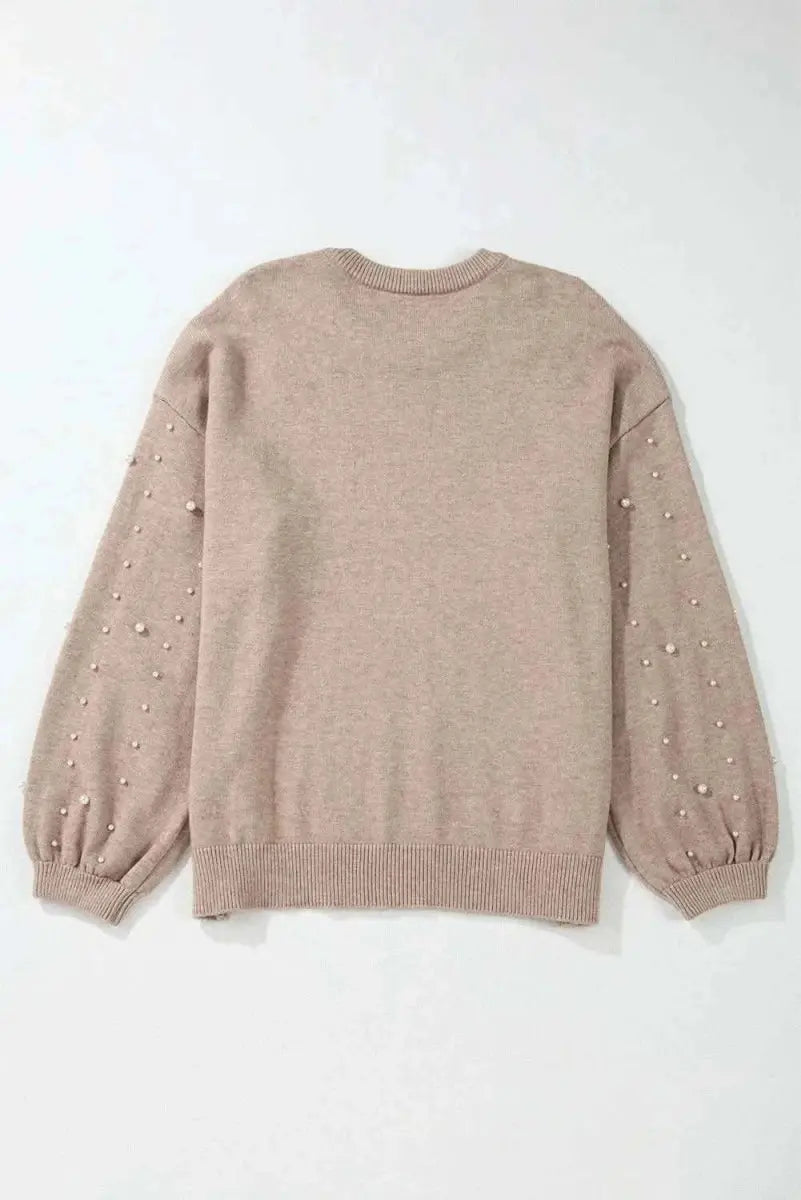 Plus Size Pearl Detail Round Neck Long Sleeve Sweater - Love Salve